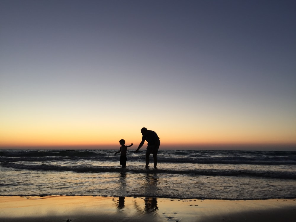 a silhouette of man and kid on a seashore